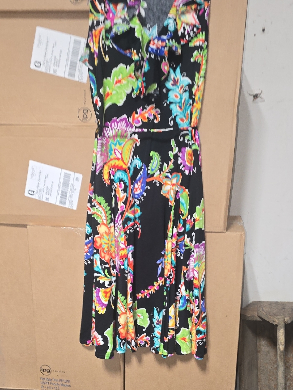 Lauren by ralph Lauren Black Floral Multicolor V-Neck Sundress pleated Skirt